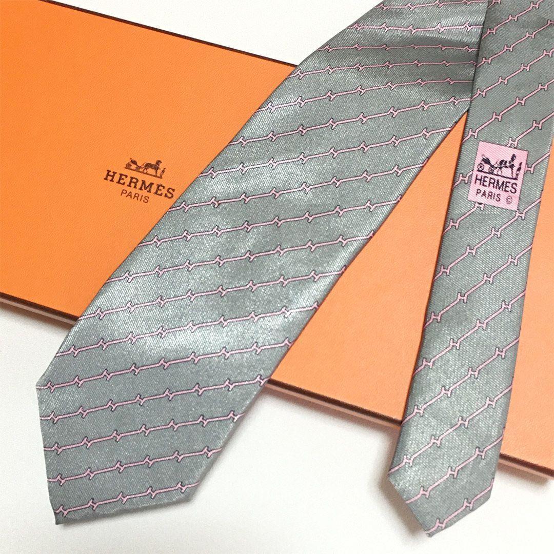 未使用級 エルメス HERMES ネクタイ シルク100% グレー H柄
