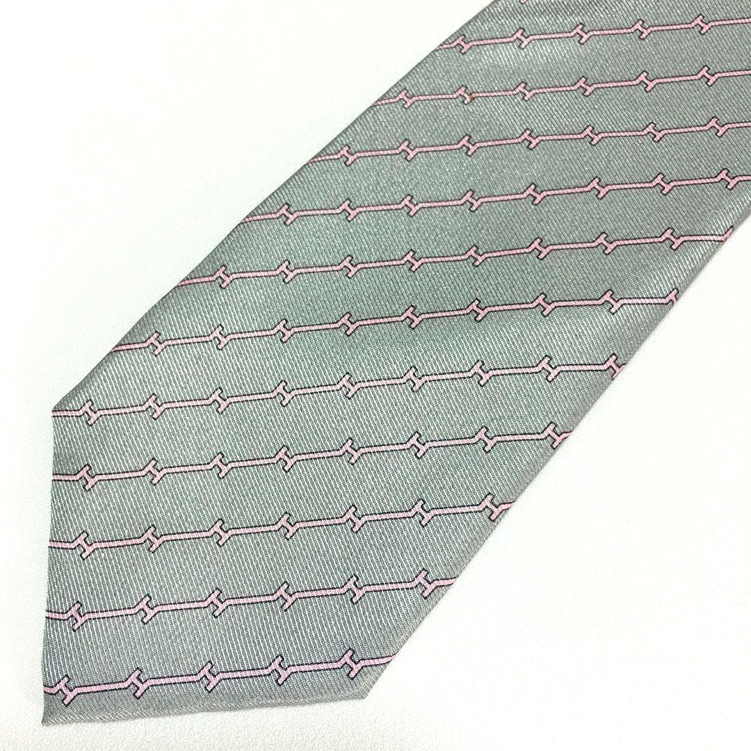 未使用級 エルメス HERMES ネクタイ シルク100% グレー H柄