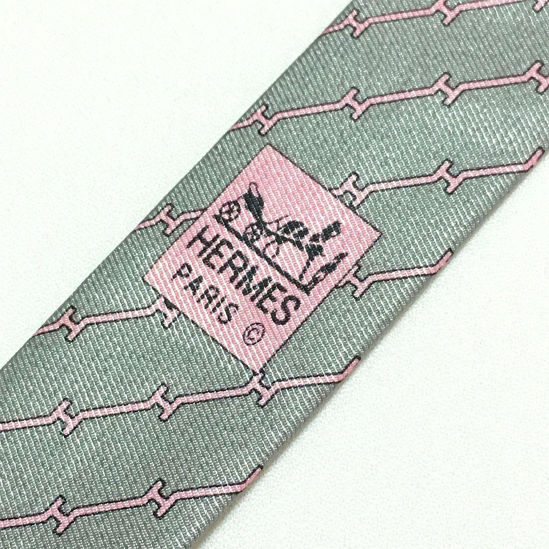 未使用級 エルメス HERMES ネクタイ シルク100% グレー H柄