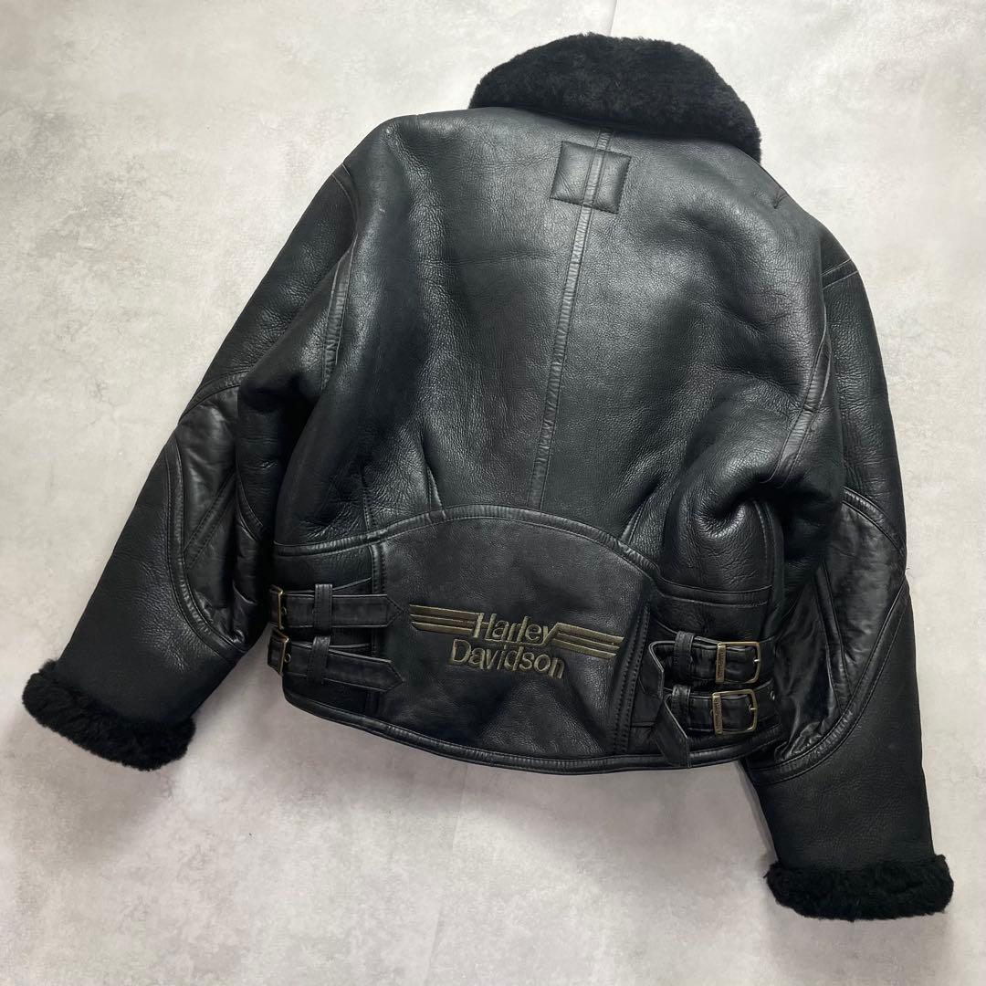 美品 希少 ハーレーダビッドソン B-3 リアルムートン 刺繍ロゴ 羊革 黒