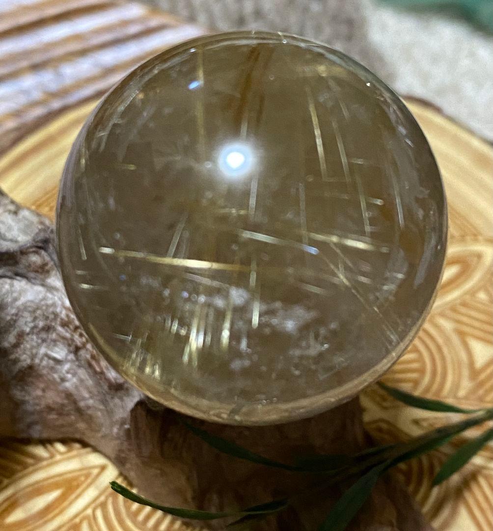 金針水晶 ゴールドルチル スモーキークォーツ スフィア 虹入 32mm オーバー