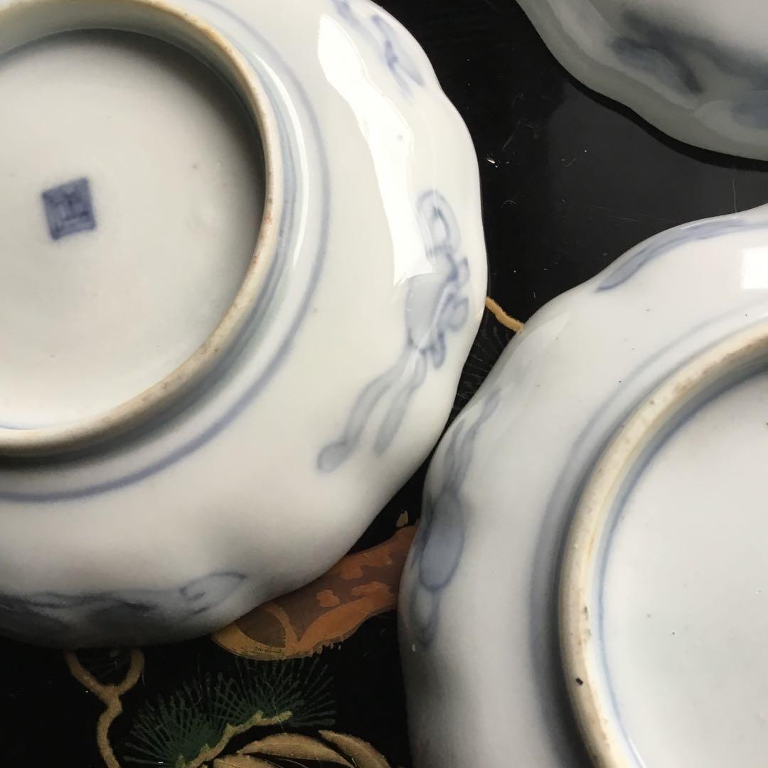 江戸後期　古伊万里　松竹梅に蝶紋様　お茶セット（小皿と蕎麦猪口）3セット