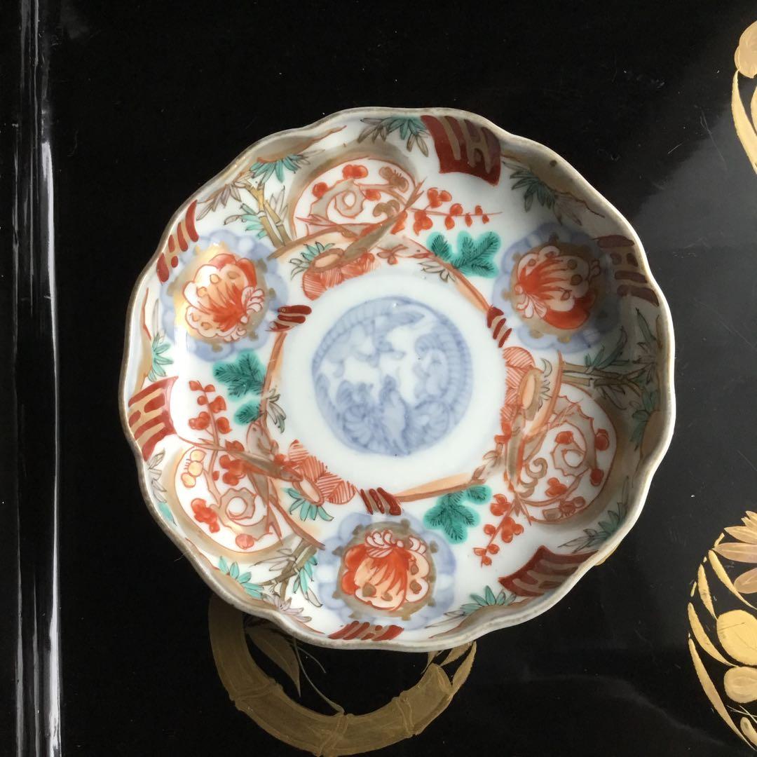 江戸後期　古伊万里　松竹梅に蝶紋様　お茶セット（小皿と蕎麦猪口）3セット