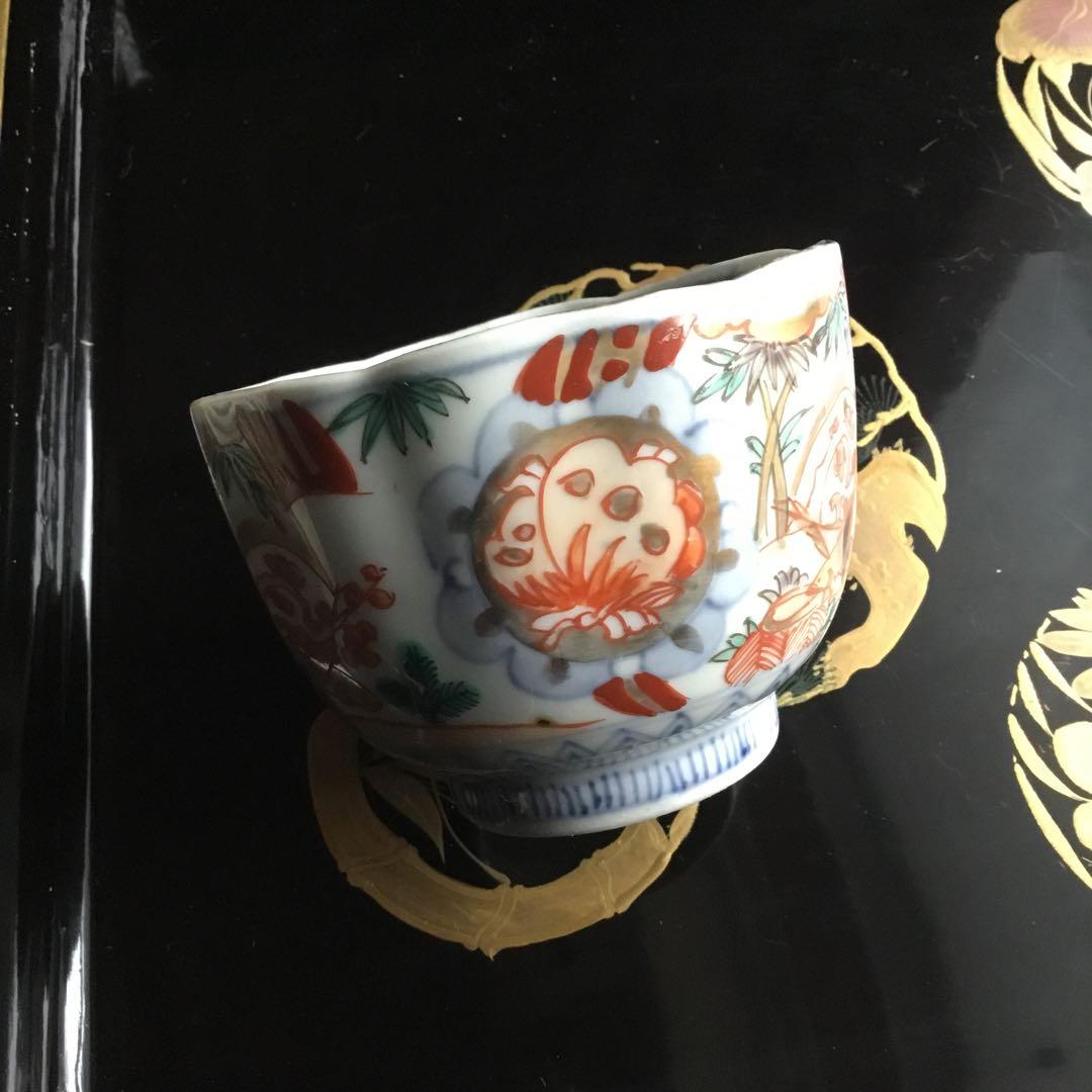 江戸後期　古伊万里　松竹梅に蝶紋様　お茶セット（小皿と蕎麦猪口）3セット