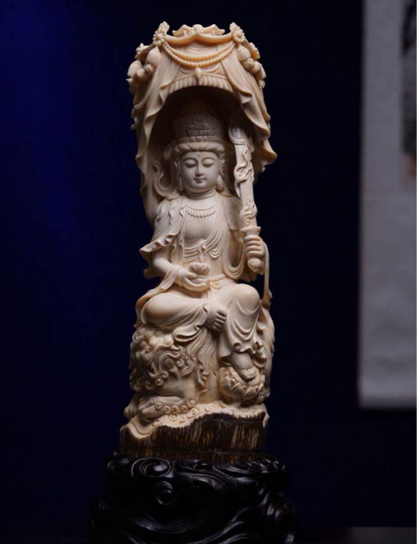 天然マンモス牙精巧な手作り彫刻文殊菩薩 置物