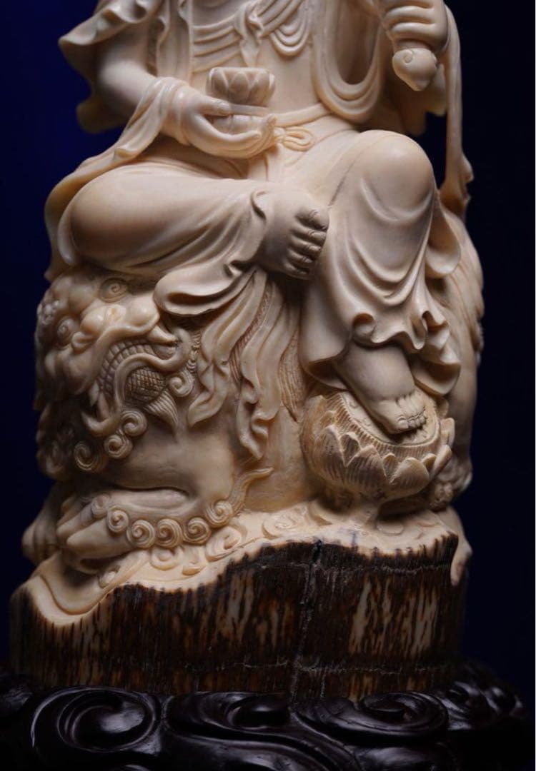 天然マンモス牙精巧な手作り彫刻文殊菩薩 置物
