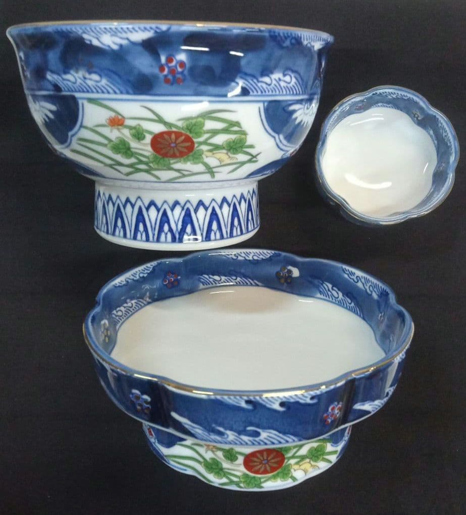 835.新品未使用/古伊万里 /美濃焼/大名丼５個＆刺し身鉢＆千代久セット