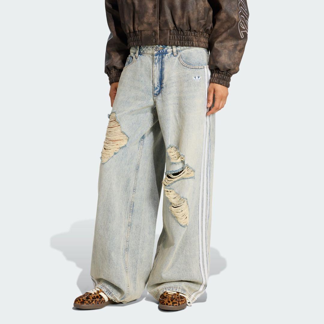 【ア】adidas ダメージ加工 ワイドレッグデニム