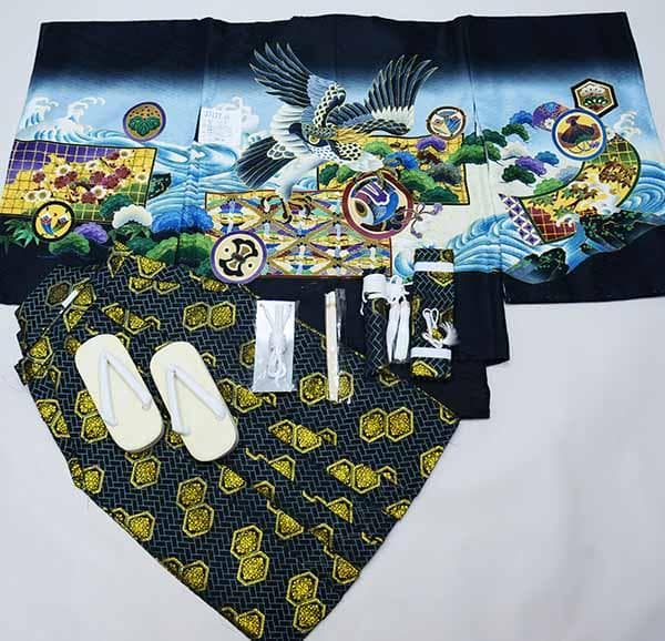 七五三 五歳 男児 着物 羽織袴フルセット 紋袴 黒 袴変更可能 NO37122