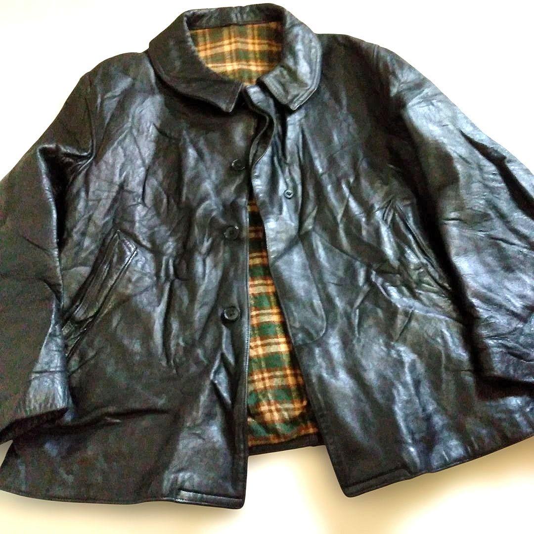 30s Vintage フランス軍 ファイヤーマン レザージャケット カーコート