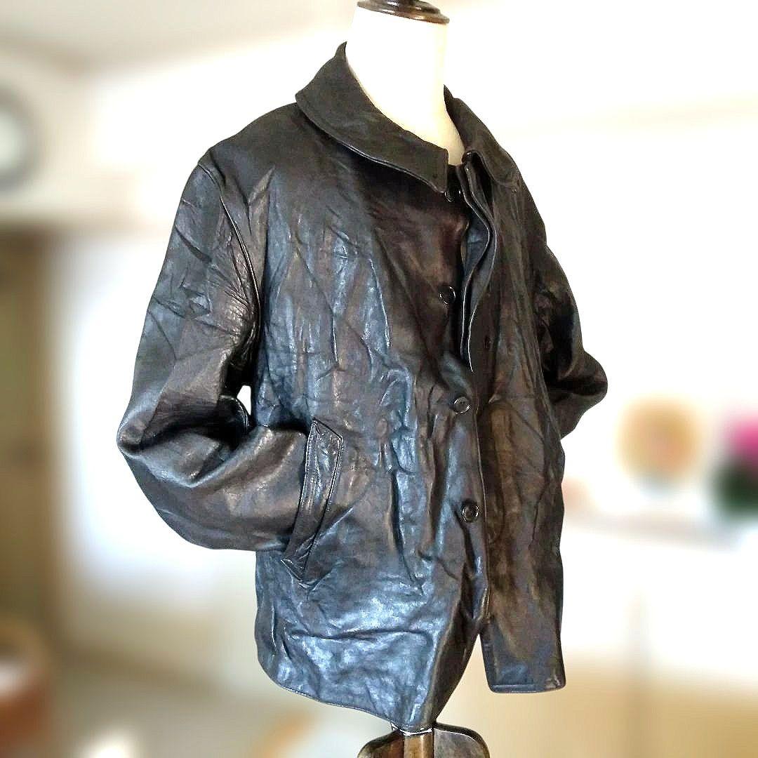 30s Vintage フランス軍 ファイヤーマン レザージャケット カーコート