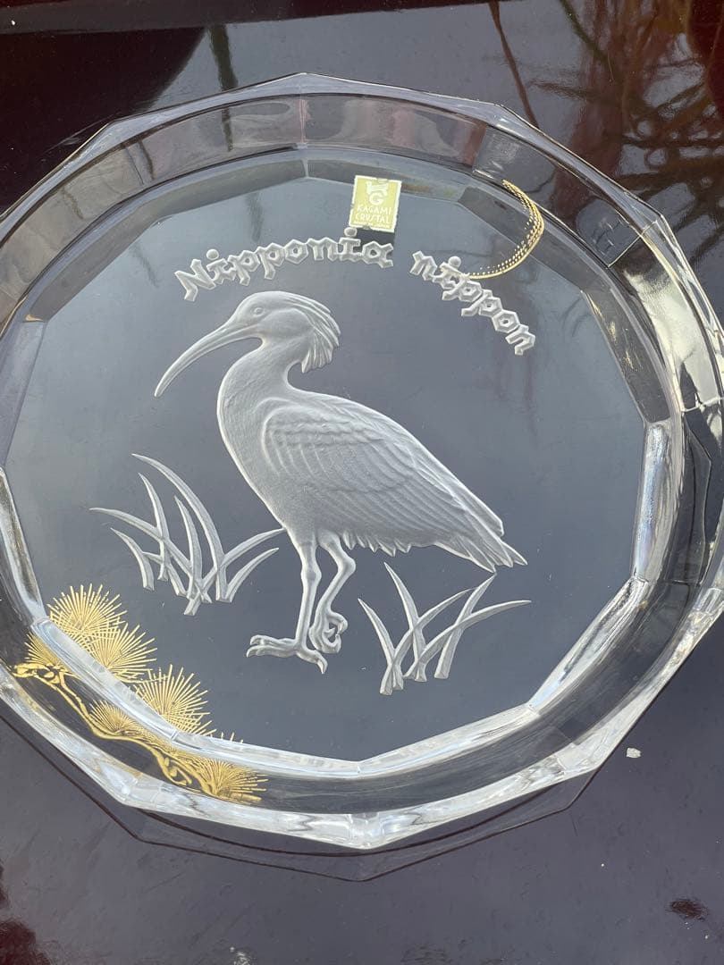 カガミクリスタル KAGAMI 飾り皿　贈答品 記念　クリスタル八角形皿 鶴彫刻