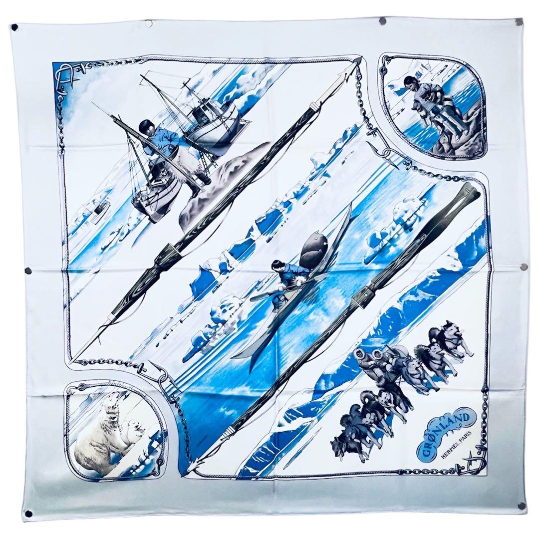 美品✨　エルメス　グリーンランド シルクスカーフ　カレ90 水色