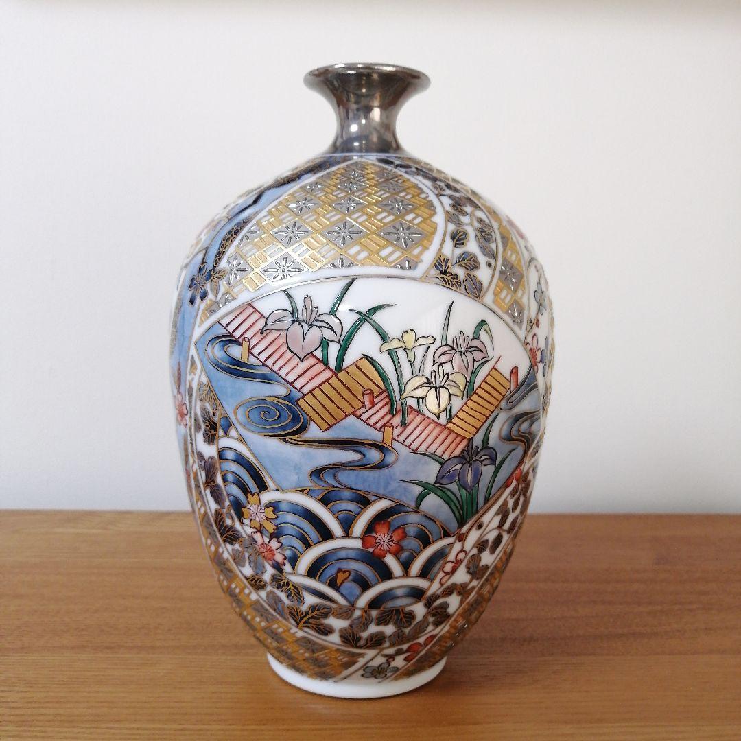 山本一洋　純プラチナ彩　琳派風菖蒲図　花瓶