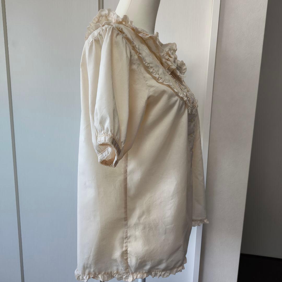 極美品　ピンクハウス ブラウス ピコフリル 半袖 リボン レース 刺繍　L
