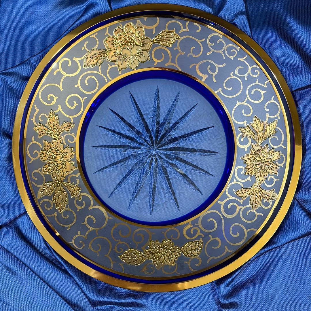 旧チェコ製 ボヘミア 鉛クリスタル 金彩 飾皿 24.5cm 箱付