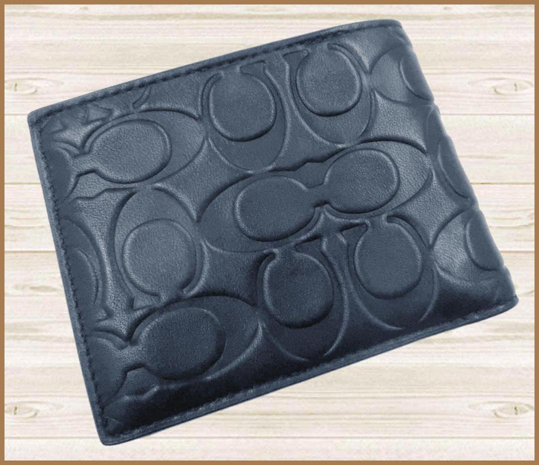 【新品】コーチCOACH二つ折り財布ウォレットシグネチャーレザー紺ネイビー