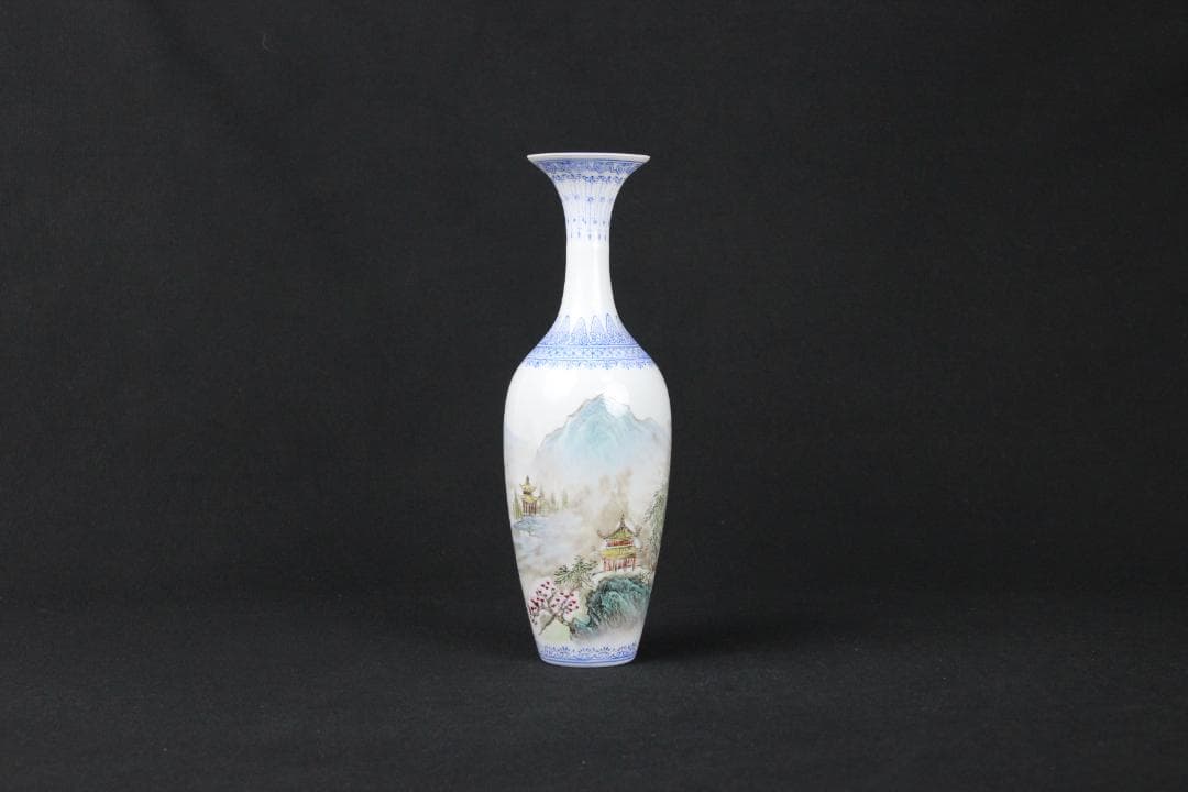 中国 花瓶 薄口 粉彩山水人物 唐物 花生 色絵 陶磁器 景徳鎮 FJ11-4
