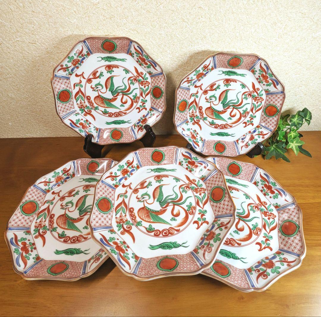 値下げ‼️✿未使用✿九谷焼 九谷洋窯 赤絵鳳凰図 八角皿 5枚揃え 工芸 縁起物
