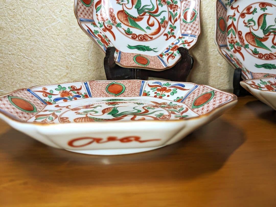 値下げ‼️✿未使用✿九谷焼 九谷洋窯 赤絵鳳凰図 八角皿 5枚揃え 工芸 縁起物