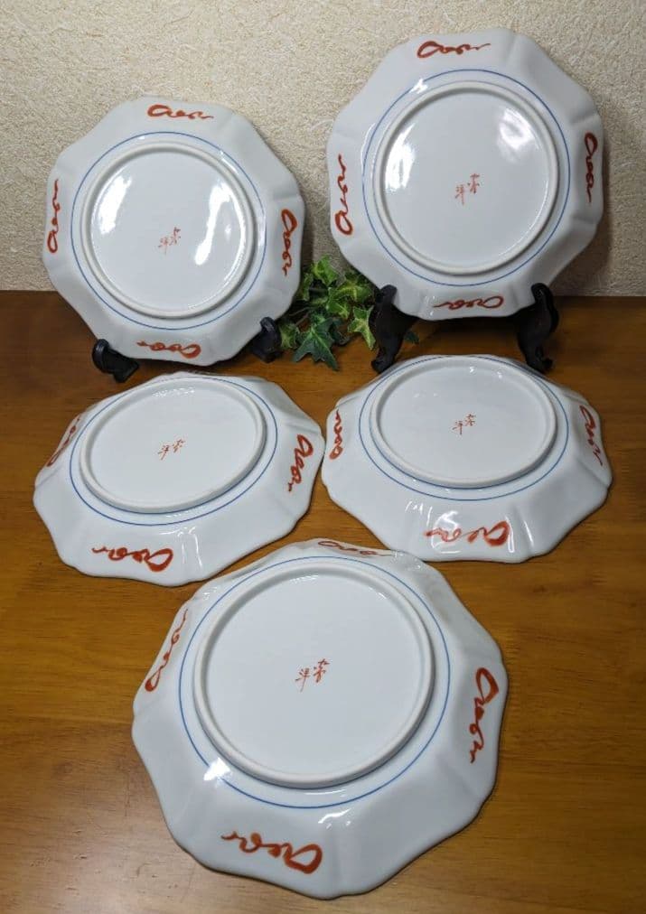 値下げ‼️✿未使用✿九谷焼 九谷洋窯 赤絵鳳凰図 八角皿 5枚揃え 工芸 縁起物