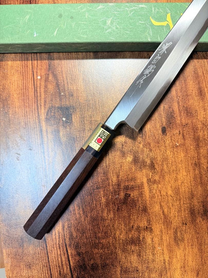 【堺打刃物】刺身　柳刃　白ニ鋼　包丁　　尺一寸　紫檀水牛八角柄