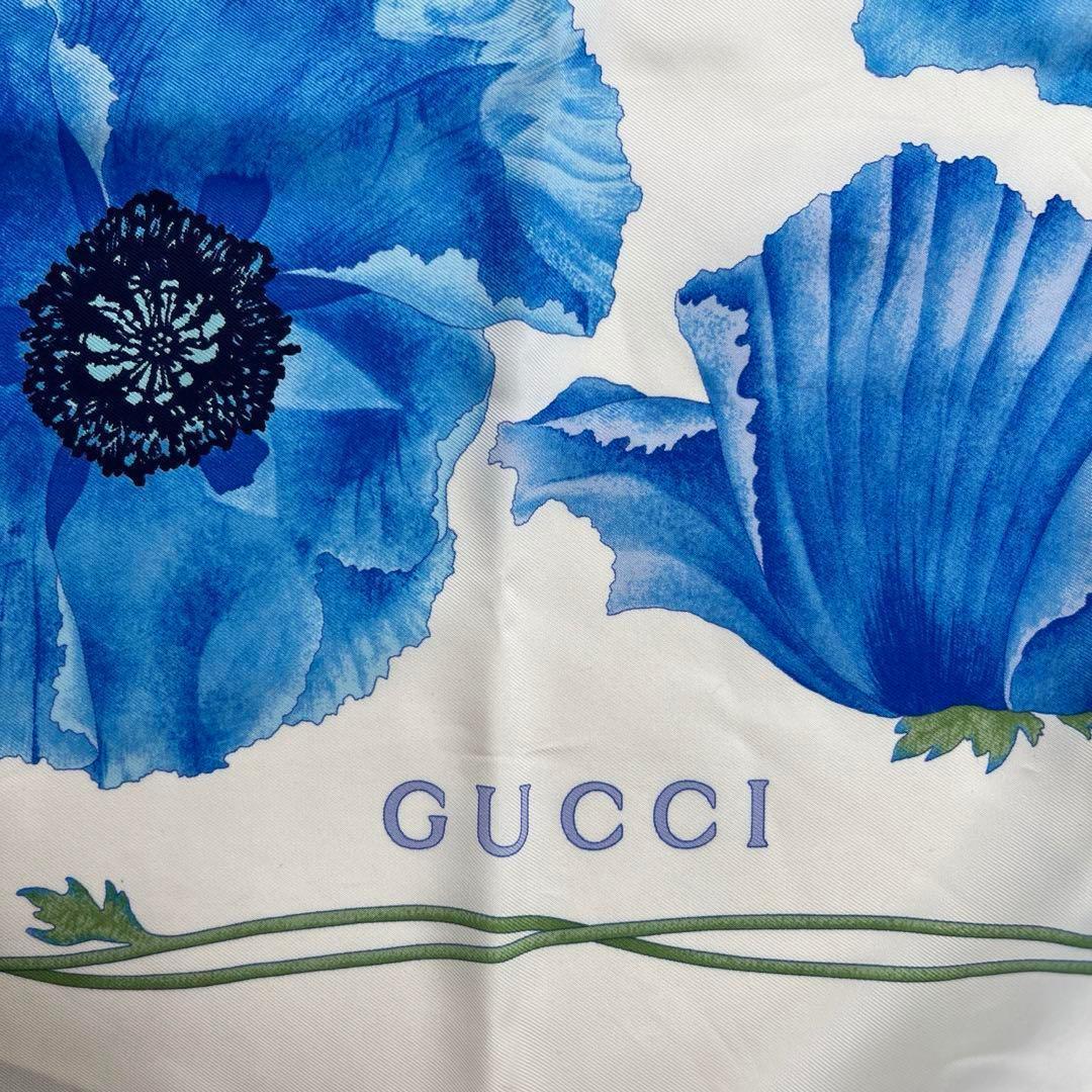 GUCCI グッチ 大判 スカーフ ブルー 青 ホワイト 白 フラワー 花柄