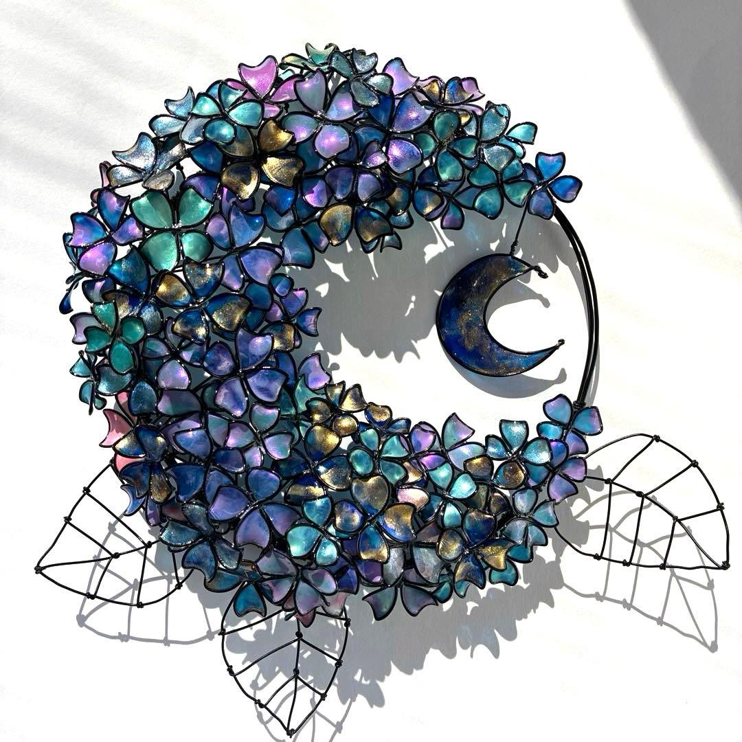 一点物　銀河　月×大きな紫陽花リース　ディップアート　アート　ワイヤークラフト