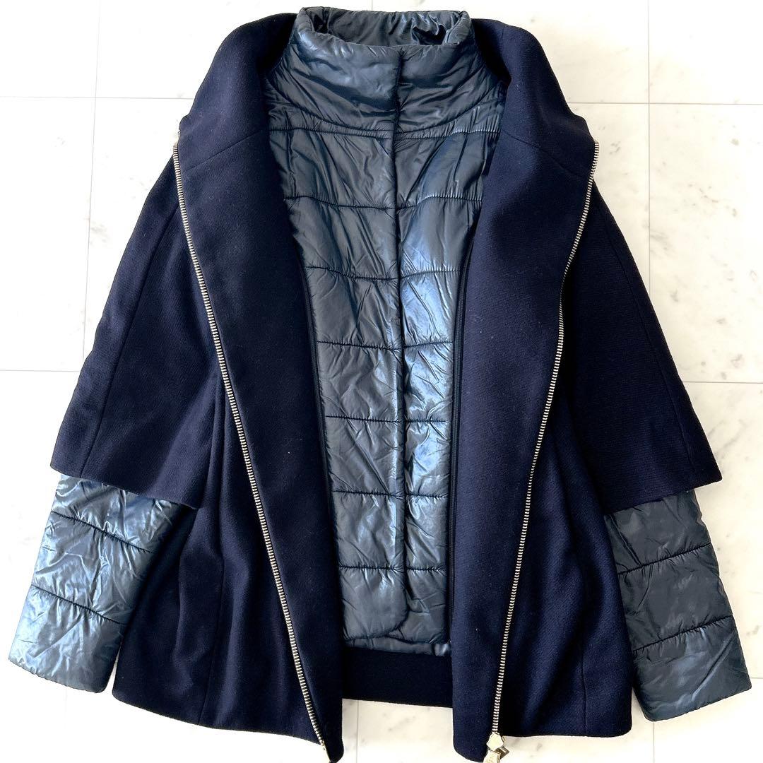 美品 ヘルノ HERNO ウール切替 ドッキング中綿コート ネイビー 42 紺
