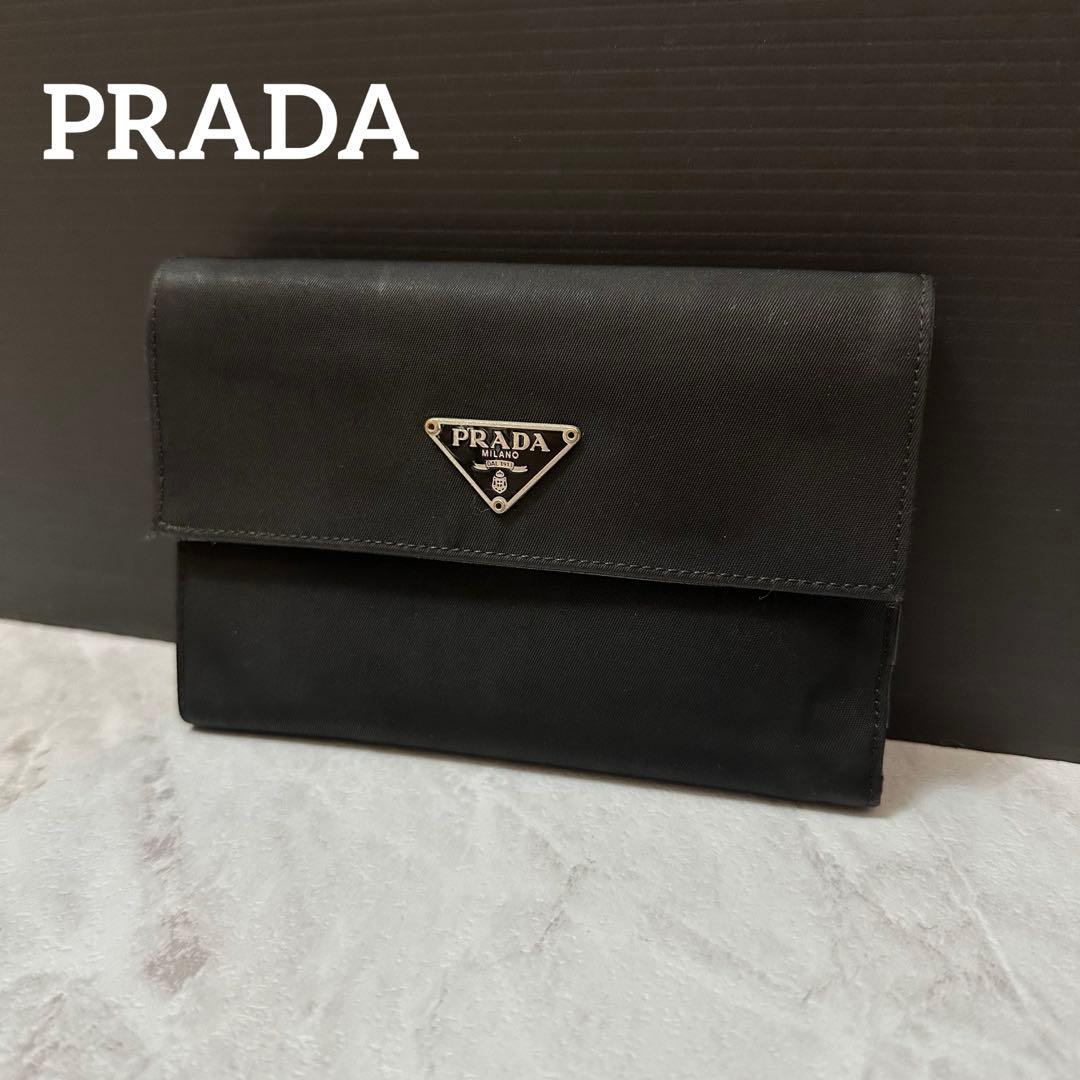 美品 PRADA ブラック レザー ナイロン 二つ折り財布 三つ折財布