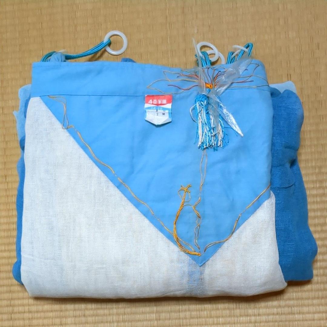 月印 本麻の蚊帳 4.5畳用 白×藍色グラデーション 未使用品 ヴィンテージ品