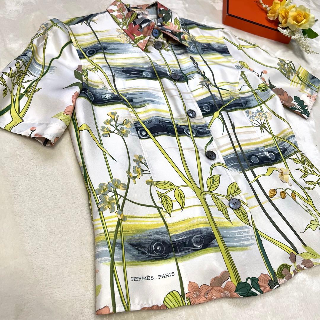 【超美品✨】HERMES★シルク★半袖 ブラウス★総柄★34