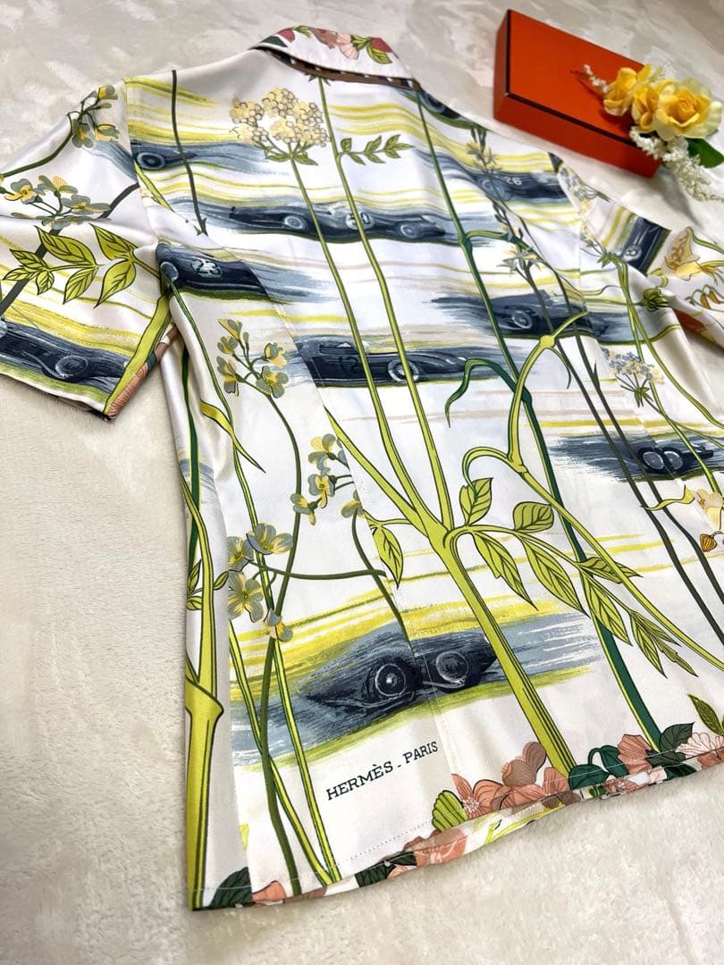 【超美品✨】HERMES★シルク★半袖 ブラウス★総柄★34