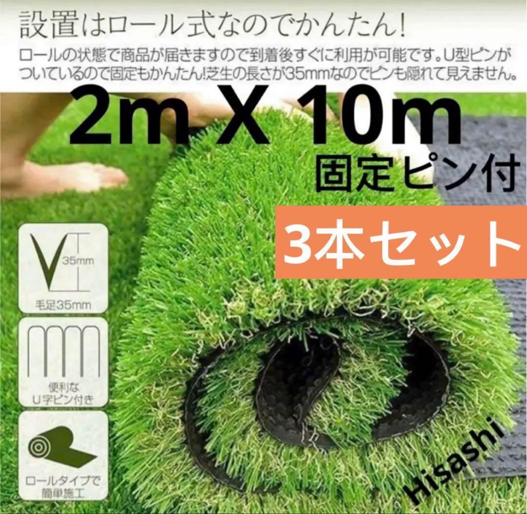 人工芝 ロール リアル 2m×10m 芝丈35mm 密度2倍固定ピン付3本セット
