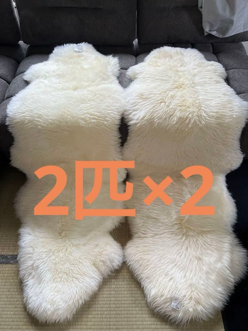 【タグ付未使用】ムートンラグ 2匹×2 ホワイト 羊毛皮 ビッグサイズ