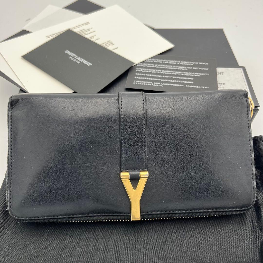 箱付 サンローランパリ Yライン ラウンドファスナー カーブレザー ブラック