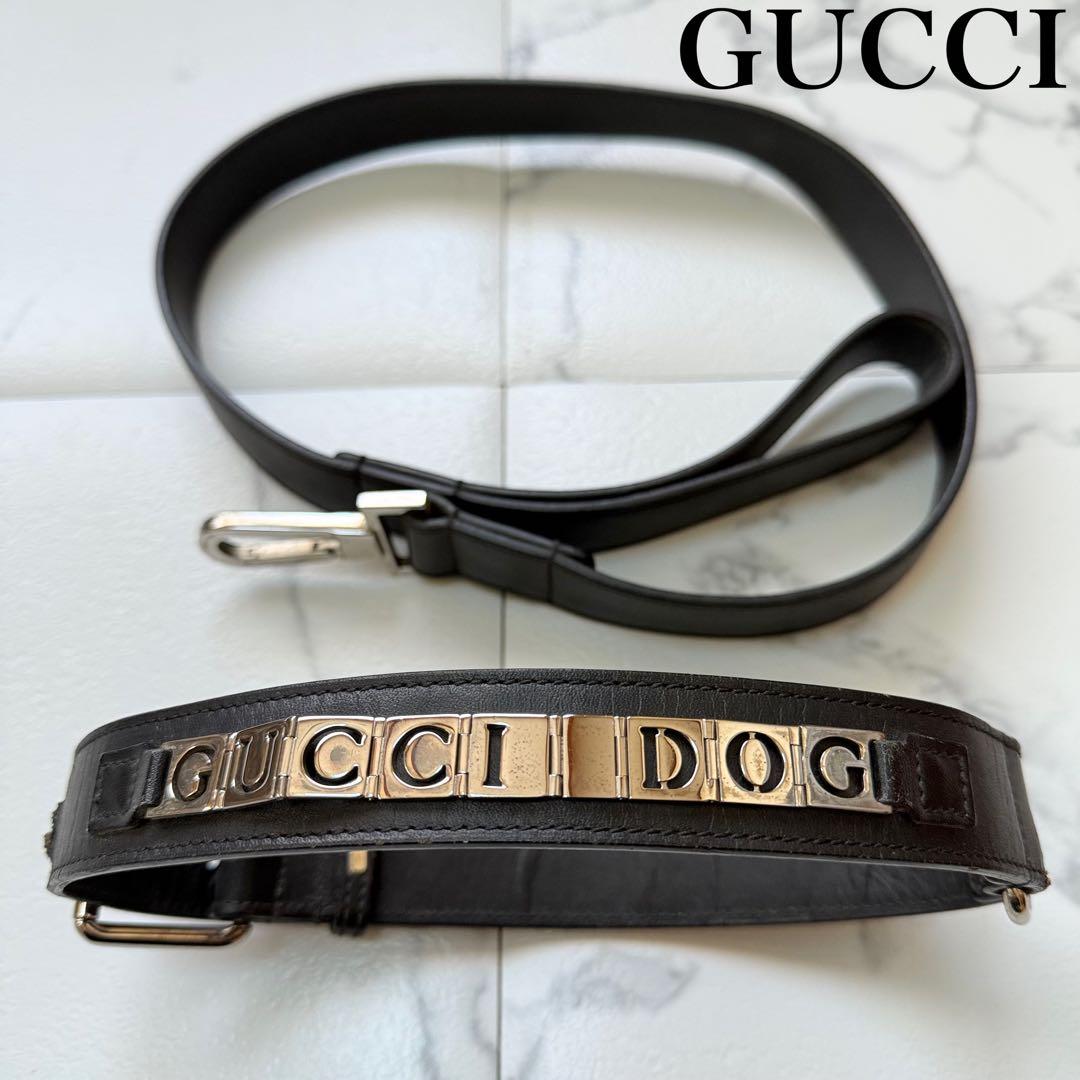 グッチ ロゴ プレート レザー リード 首輪 セット ブラック 中型犬　大型犬