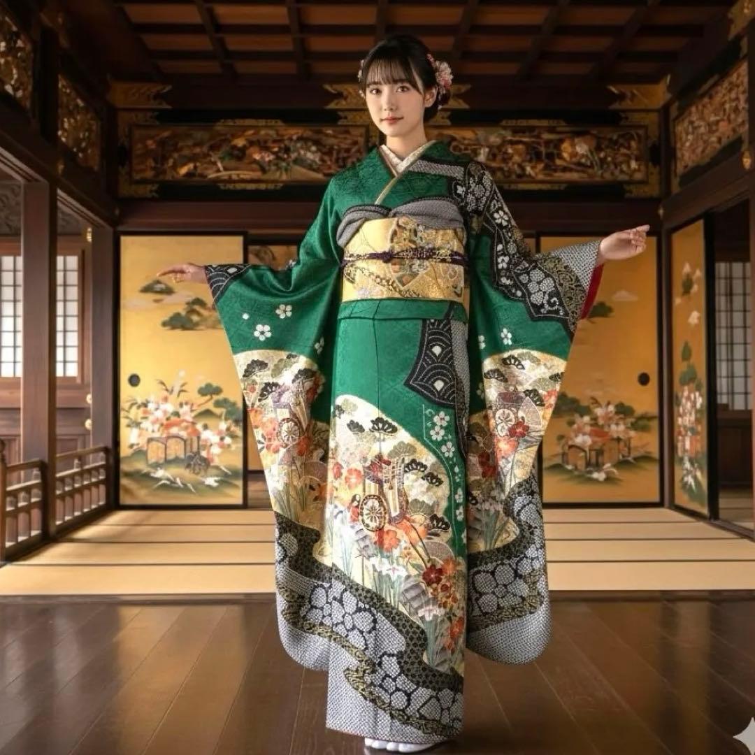 振袖フルセット　染分け　手絞り　本金箔　手刺繍　　　成人式振袖　振袖　裄丈67