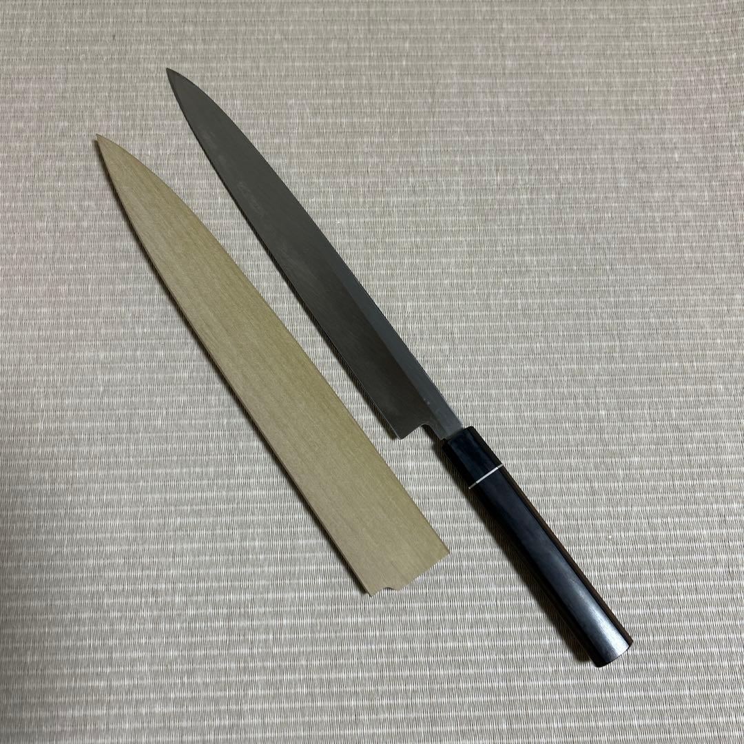 本焼　柳刃　包丁　和包丁　伯鳳研ぎ　水本焼　鏡面仕上げ　黒檀黒水牛銀巻八角柄