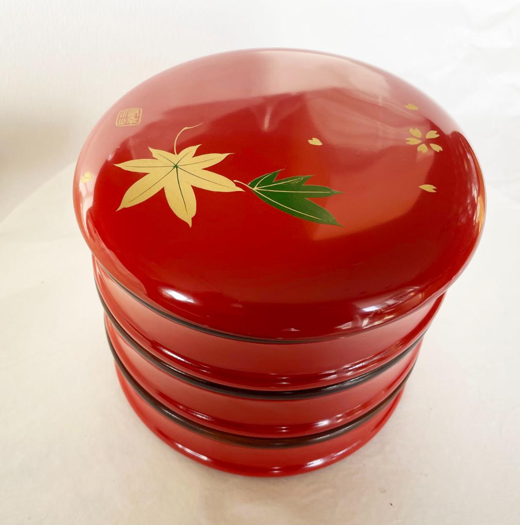 木製 重箱 漆塗 春秋蒔絵つづみ型 丸三段重 緑 15cm 朱内摺漆 香川漆器