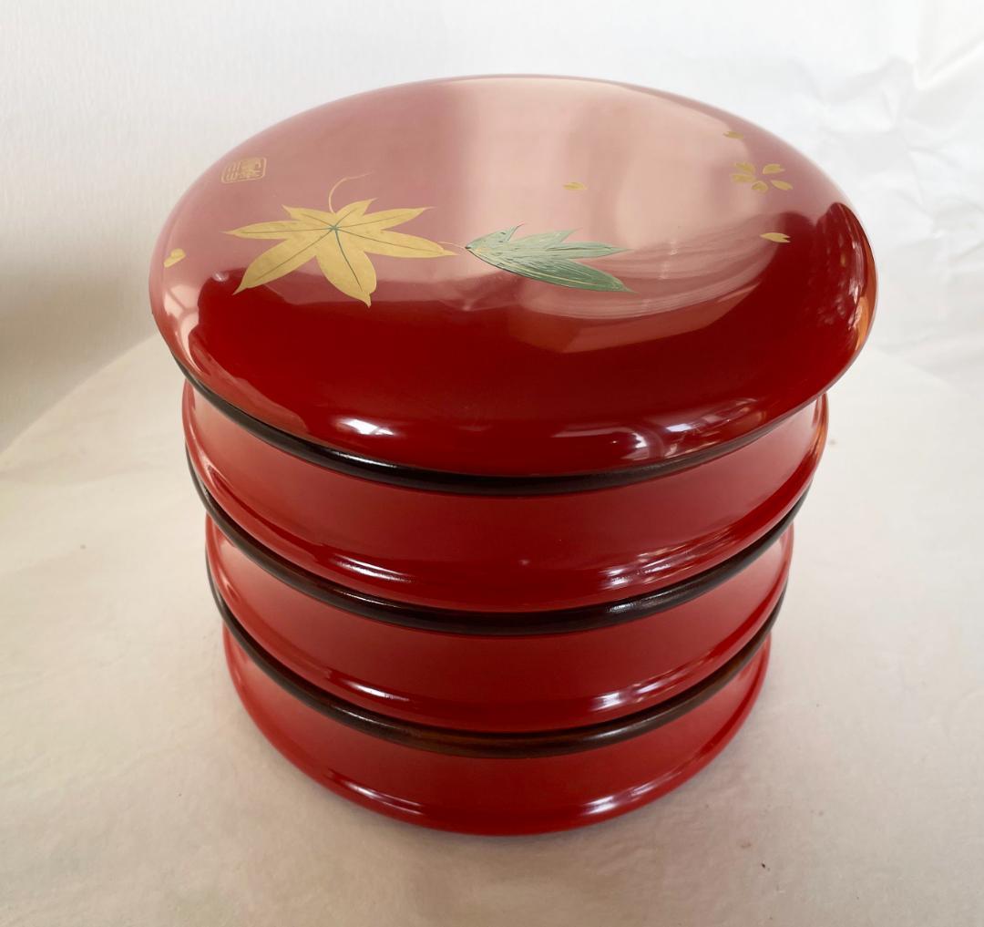 木製 重箱 漆塗 春秋蒔絵つづみ型 丸三段重 緑 15cm 朱内摺漆 香川漆器