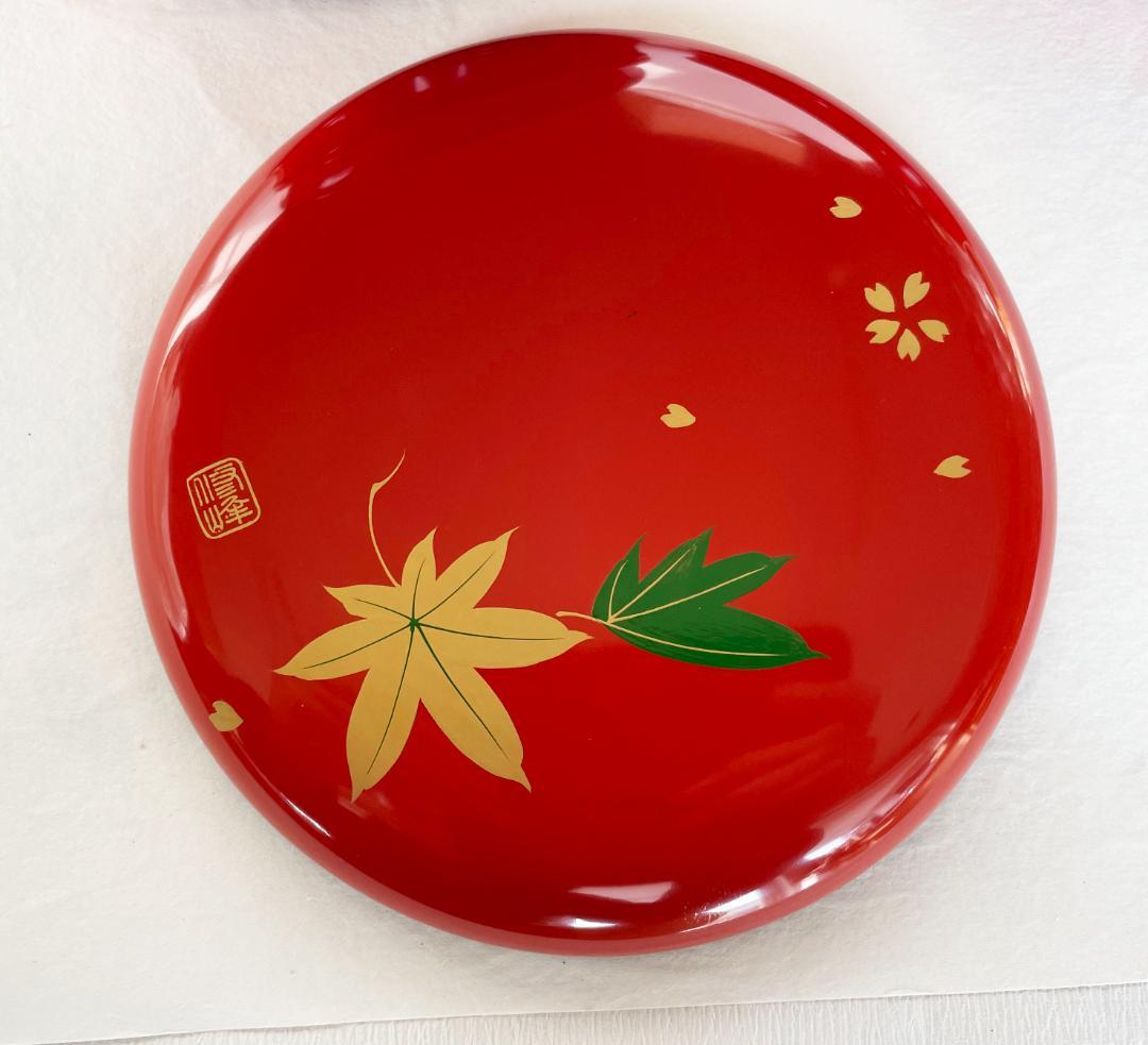 木製 重箱 漆塗 春秋蒔絵つづみ型 丸三段重 緑 15cm 朱内摺漆 香川漆器