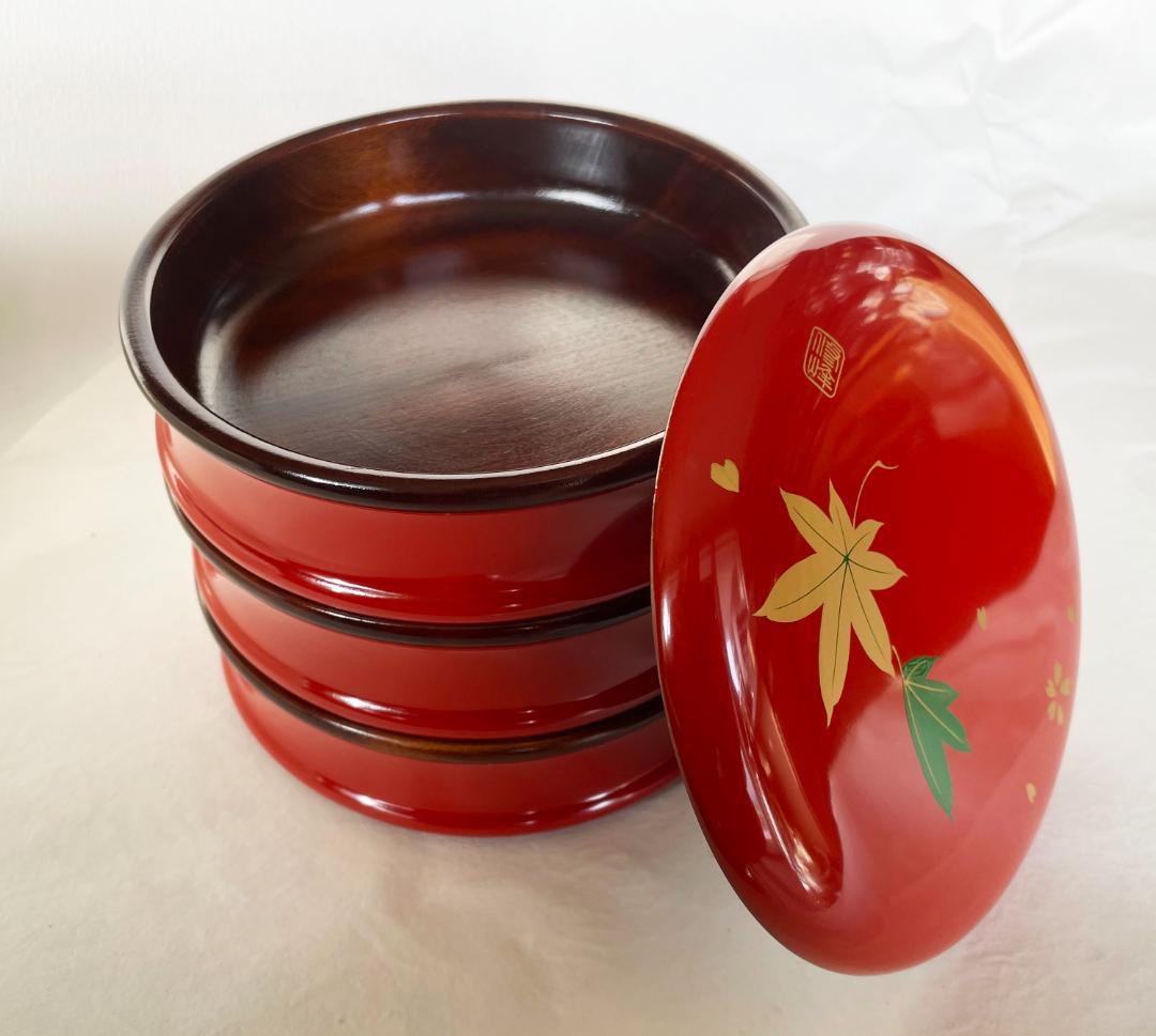 木製 重箱 漆塗 春秋蒔絵つづみ型 丸三段重 緑 15cm 朱内摺漆 香川漆器