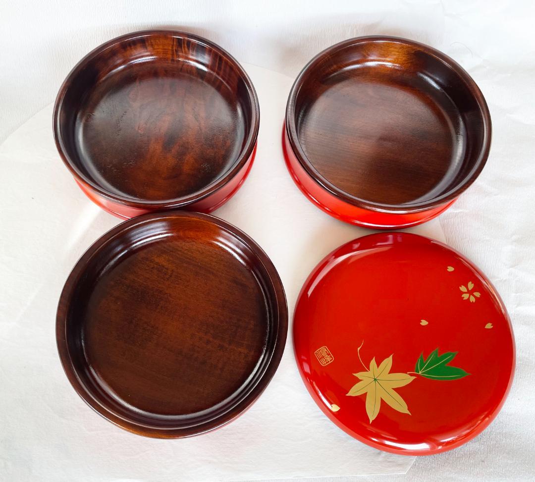 木製 重箱 漆塗 春秋蒔絵つづみ型 丸三段重 緑 15cm 朱内摺漆 香川漆器
