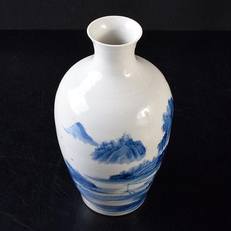 中国　大清康熙年製　青花　山水人物文　花瓶　壷　時代箱　M　R8748