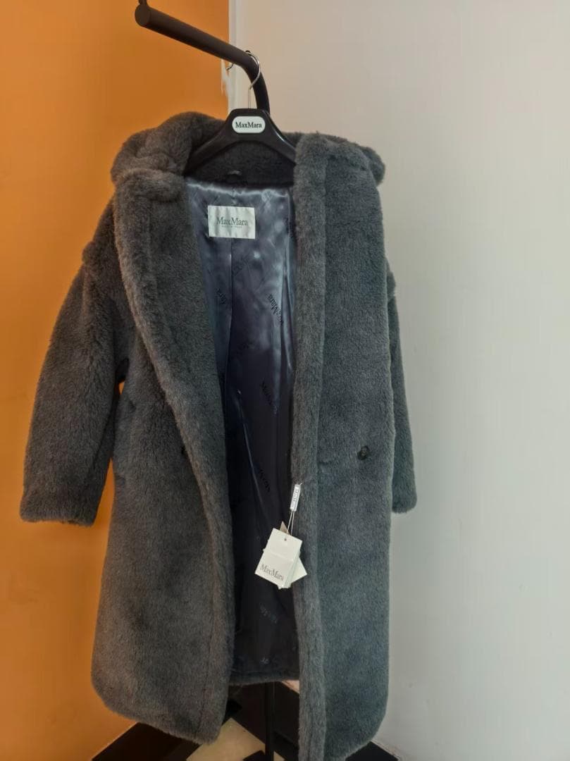 Max Mara テディベア グレー ロングコート ファー付き