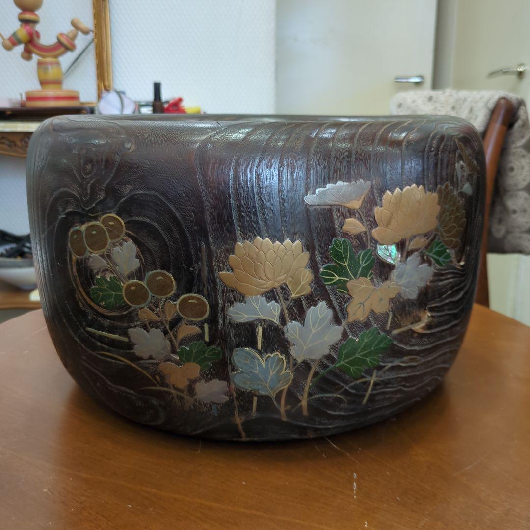 骨董　蒔絵　螺鈿　火鉢　桐　内側銅器　大型　花入　鉢カバー