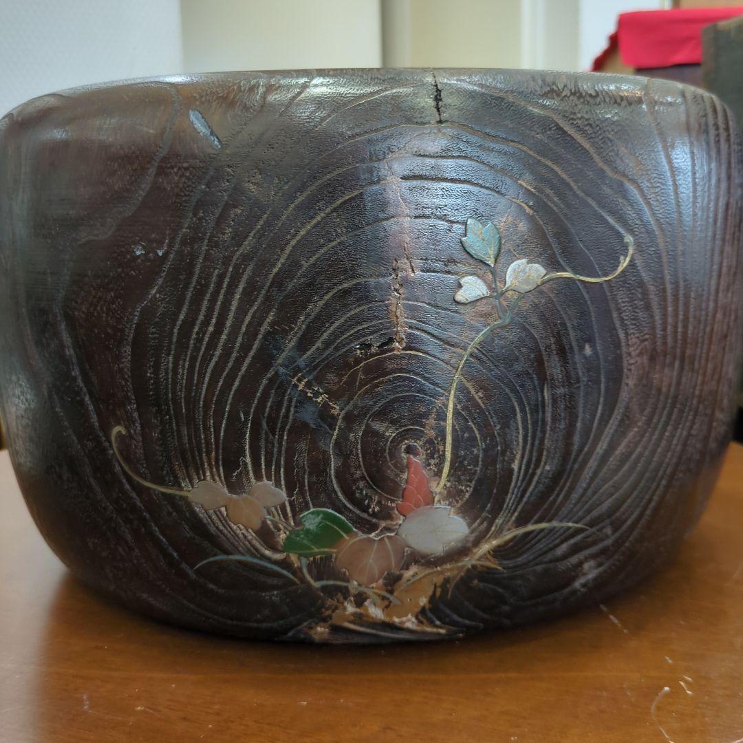 骨董　蒔絵　螺鈿　火鉢　桐　内側銅器　大型　花入　鉢カバー