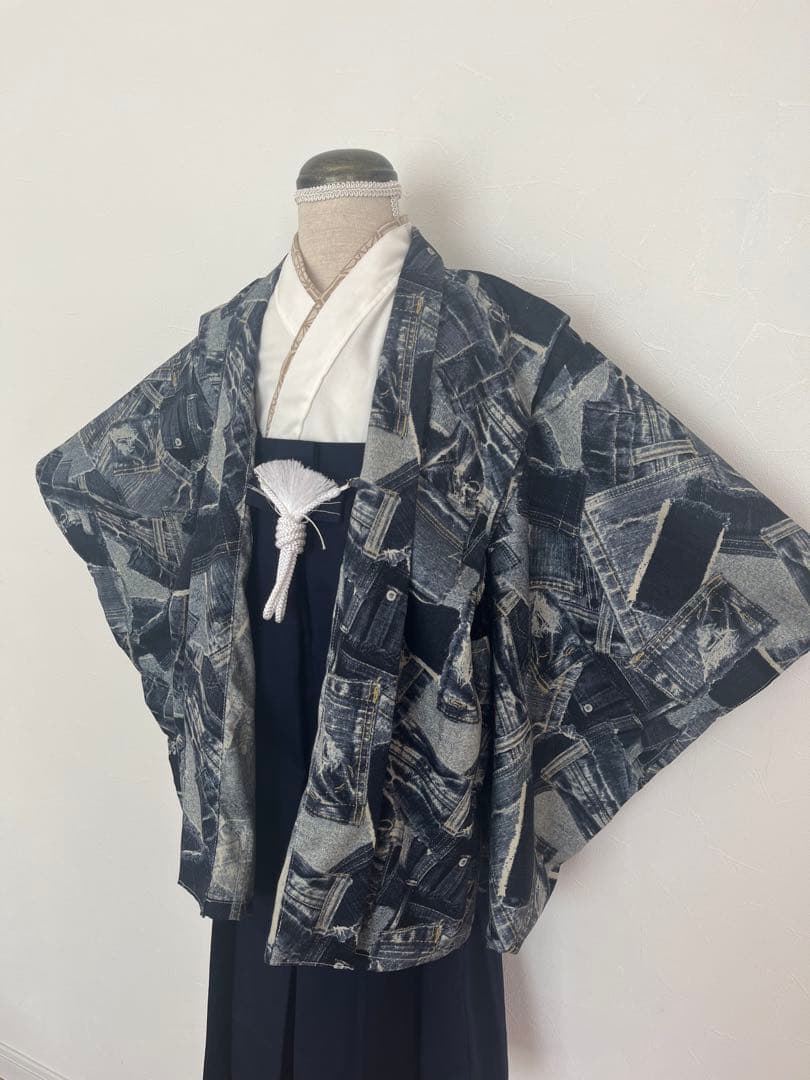 【新作・即納品】デニムネイビー　羽織袴セット　120cm