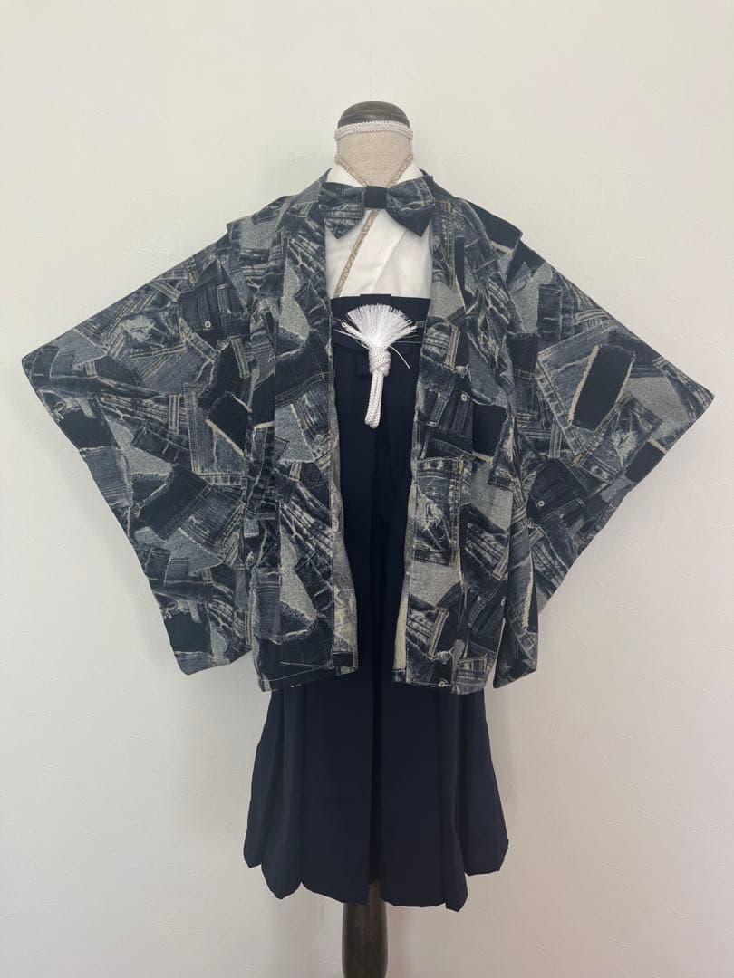 【新作・即納品】デニムネイビー　羽織袴セット　120cm